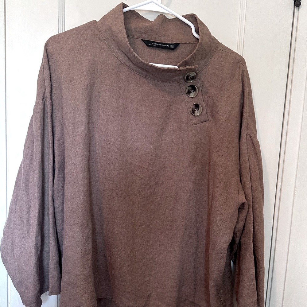 Zara 100% Linen Brown Funnel Neck with Buttons, Long Sleeve Pullover Shirt, Sz M